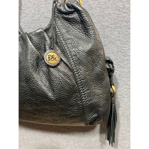 The Sak Boho Pebbled Black Leather Tasseled Gold Chain Strap Shoulder Bag - Picture 4 of 12